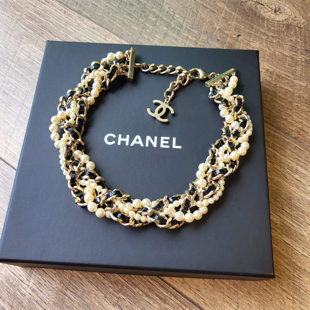 Chanel Choker Necklace OS Gold Black Pearl Braided CC Logo Multi-Strand - Picture 7 of 10